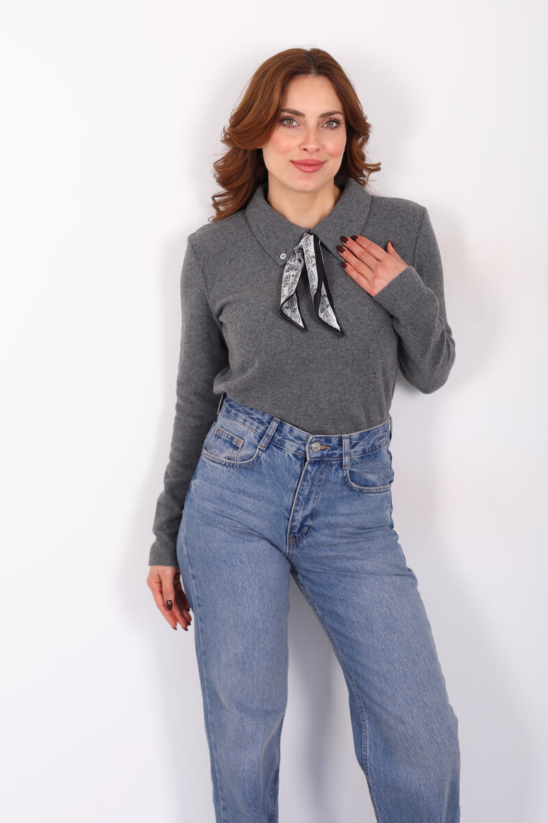 Yakası Fularlı Antrasit Kadın Selanik Bluz - 1