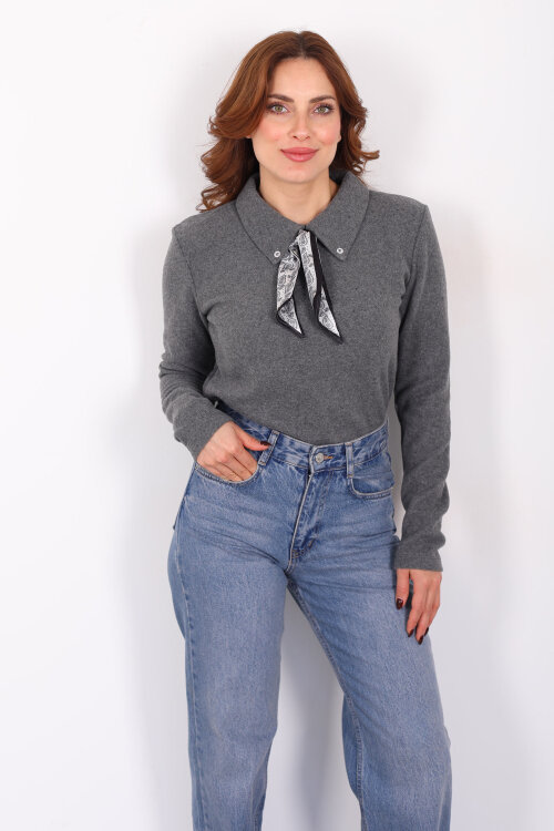 Yakası Fularlı Antrasit Kadın Selanik Bluz - 6