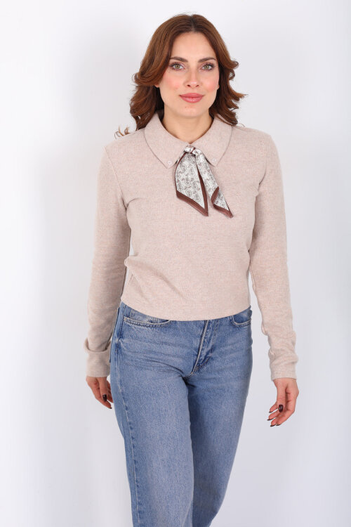 Yakası Fularlı Bej Kadın Selanik Bluz - 4