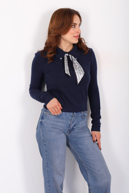 Yakası Fularlı Lacivert Kadın Selanik Bluz - 3