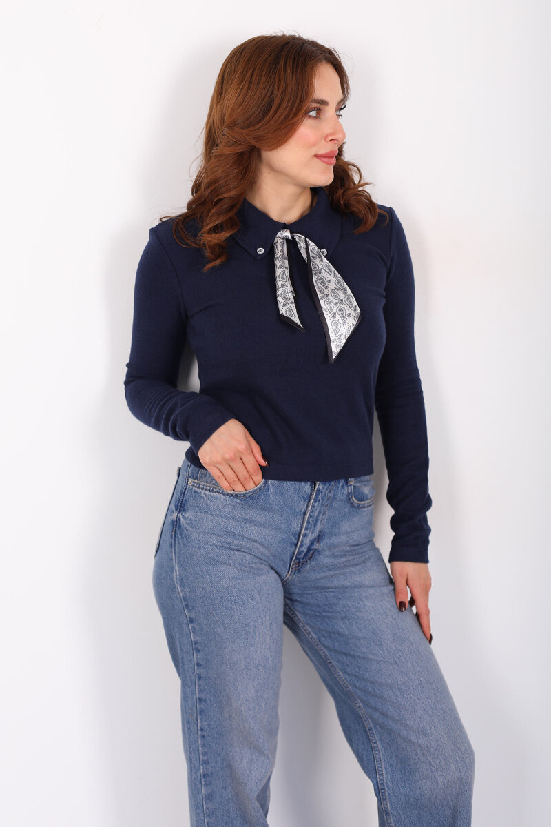 Yakası Fularlı Lacivert Kadın Selanik Bluz - 3