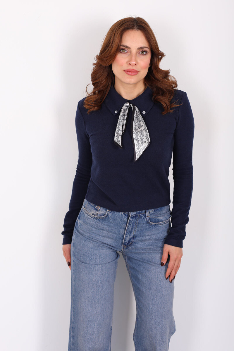 Yakası Fularlı Lacivert Kadın Selanik Bluz - 6