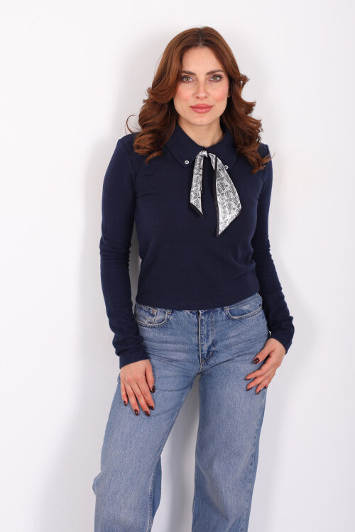 Yakası Fularlı Lacivert Kadın Selanik Bluz - Berox