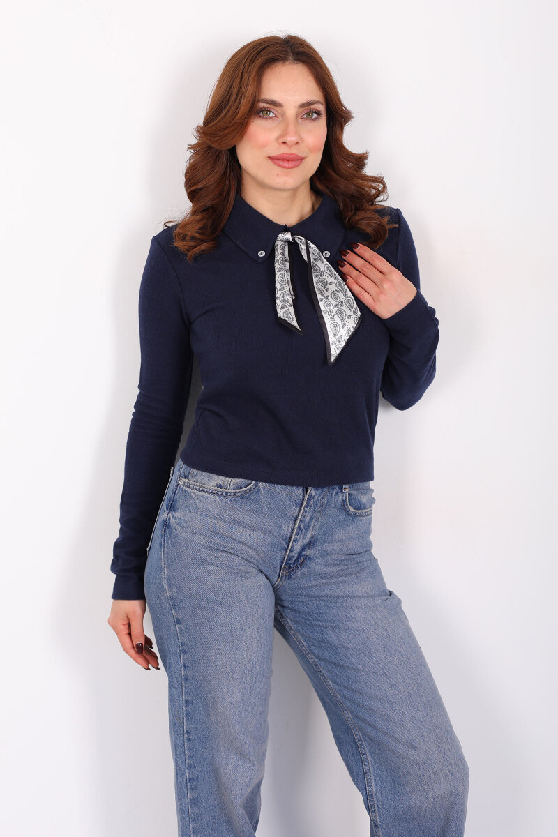 Yakası Fularlı Lacivert Kadın Selanik Bluz - 4