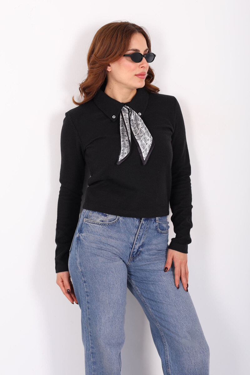 Yakası Fularlı Siyah Kadın Selanik Bluz - 1