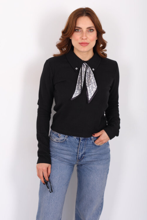 Yakası Fularlı Siyah Kadın Selanik Bluz - 3