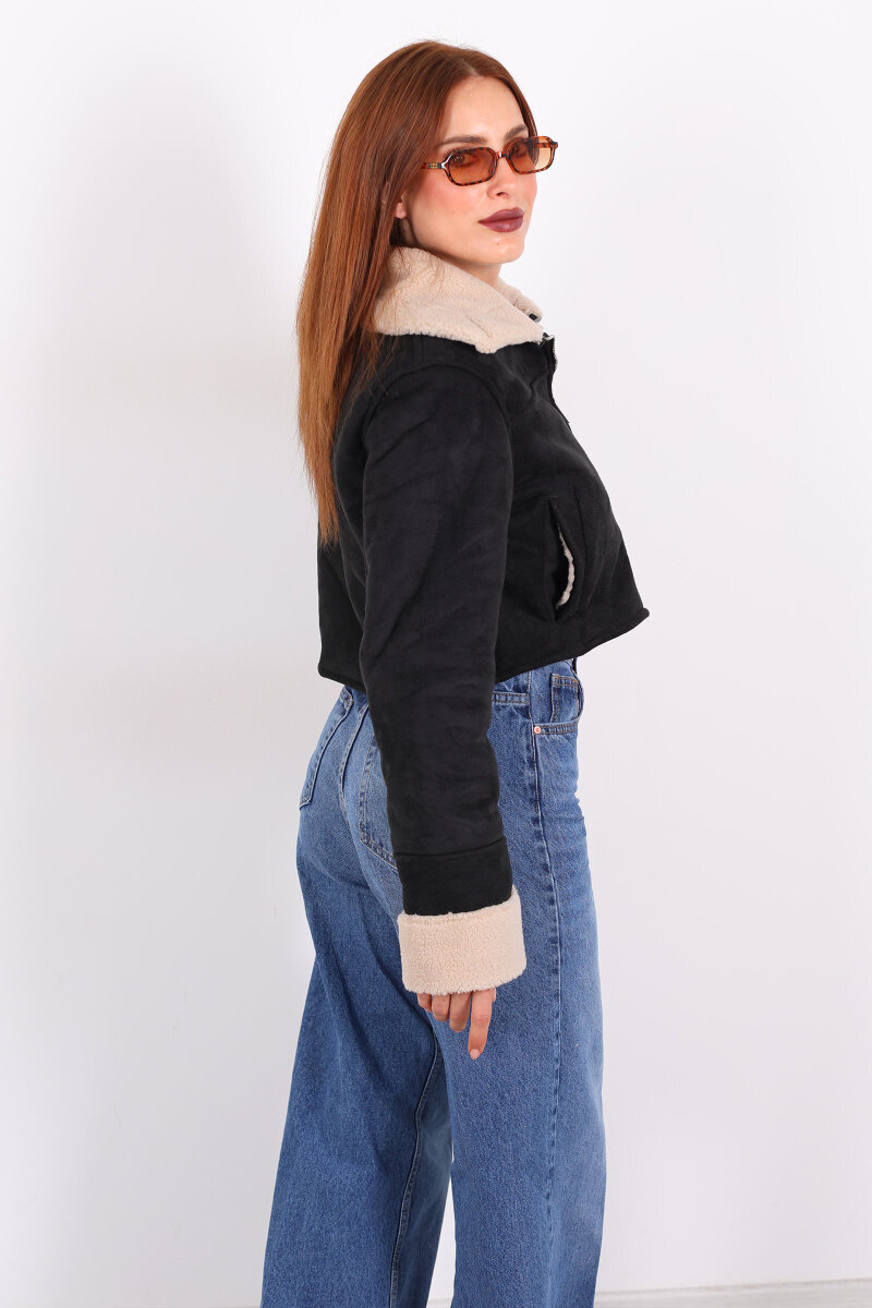 Yakası Kolları Kürklü Süet Siyah Kadın Kısa Mont - 5