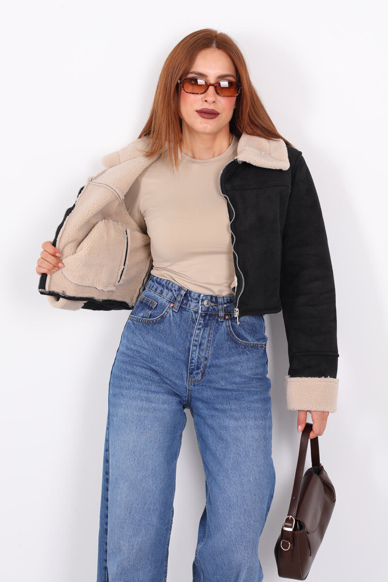 Yakası Kolları Kürklü Süet Siyah Kadın Kısa Mont - 6