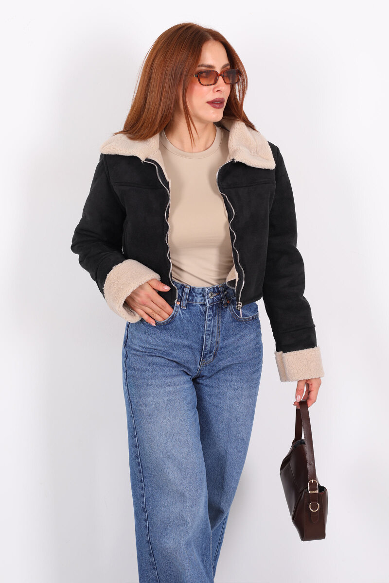 Yakası Kolları Kürklü Süet Siyah Kadın Kısa Mont - 3