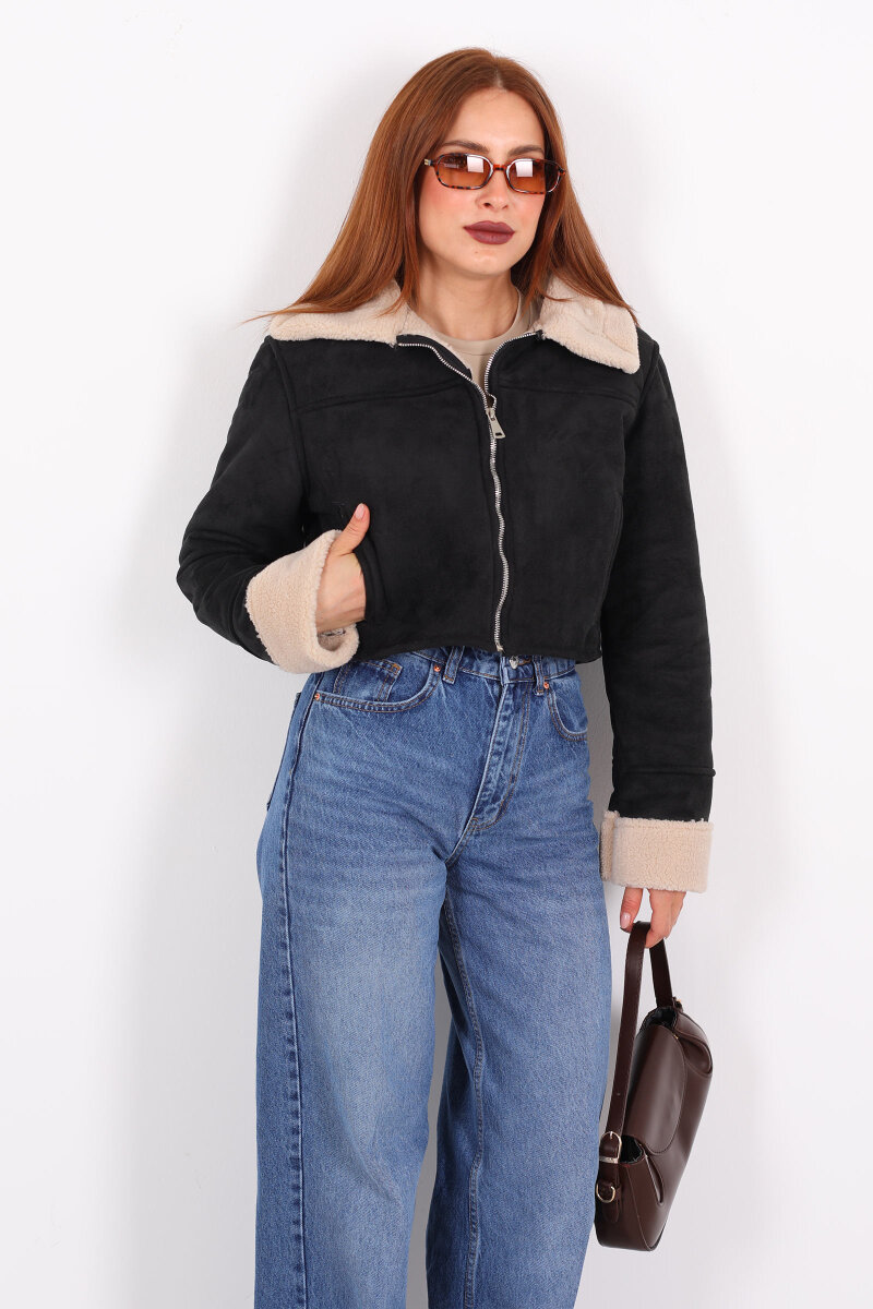 Yakası Kolları Kürklü Süet Siyah Kadın Kısa Mont - 7