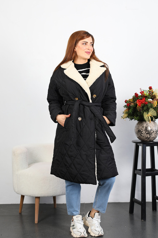 Yakası Kürklü Kadın Siyah Kapitone Uzun Mont - 1