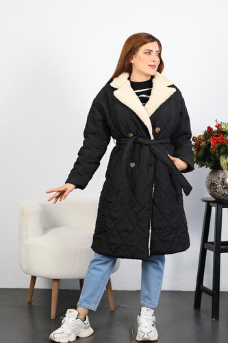 Yakası Kürklü Kadın Siyah Kapitone Uzun Mont - 3