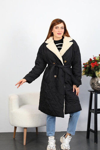 Yakası Kürklü Kadın Siyah Kapitone Uzun Mont - 5