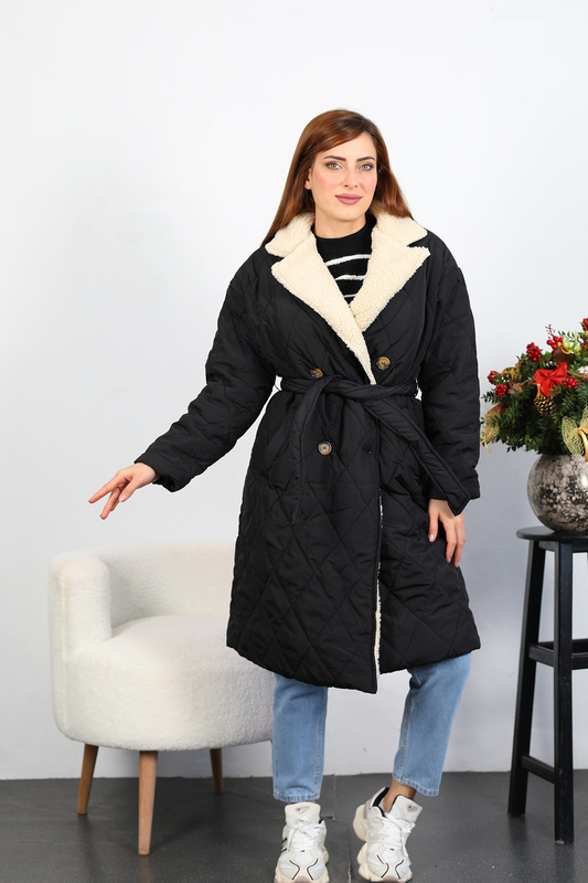 Yakası Kürklü Kadın Siyah Kapitone Uzun Mont - 5