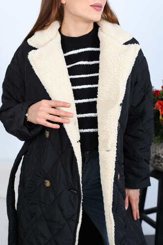 Yakası Kürklü Kadın Siyah Kapitone Uzun Mont - 4