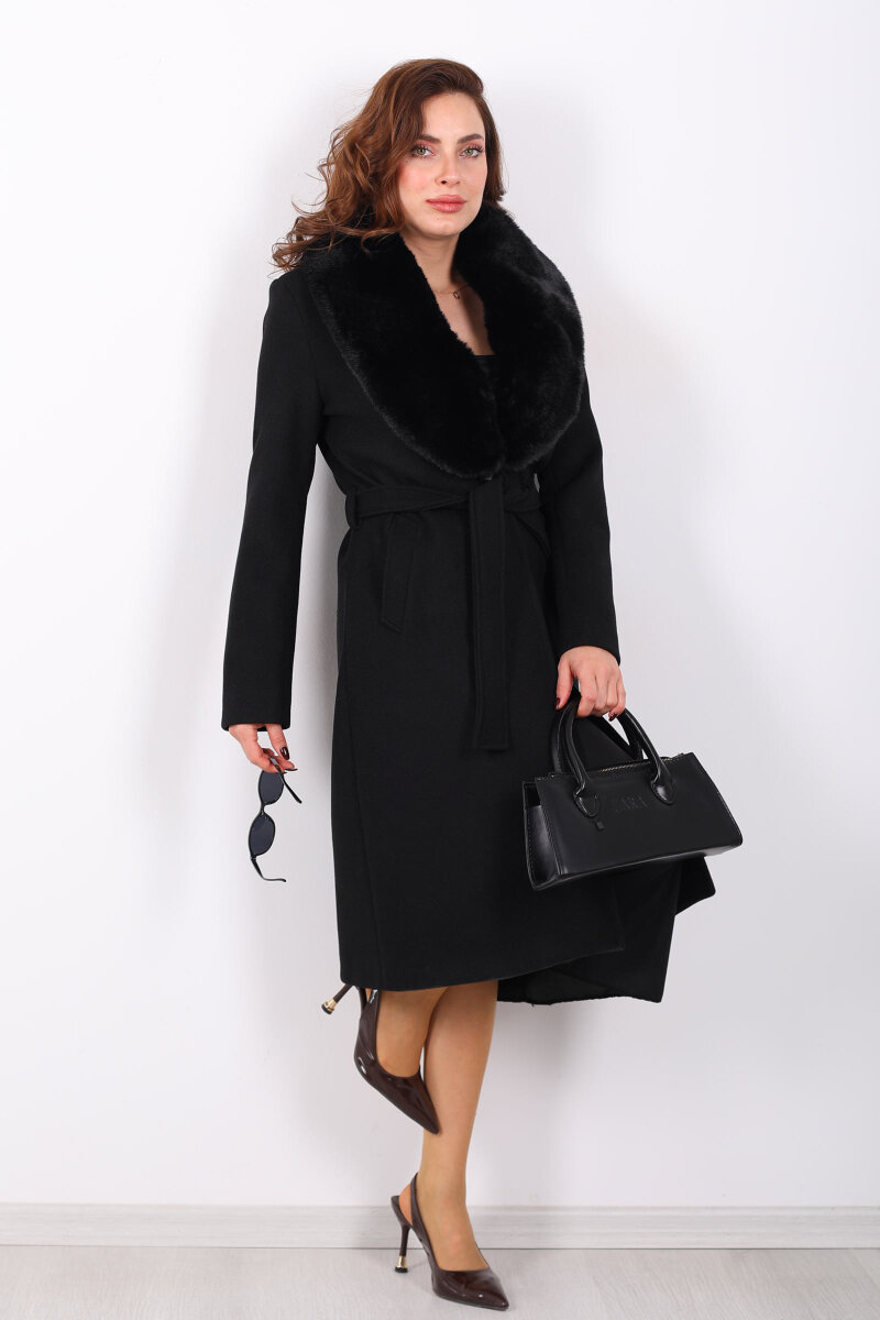 Yakası Kürklü Siyah Kadın Kuşaklı Kaşe Kaban - 5