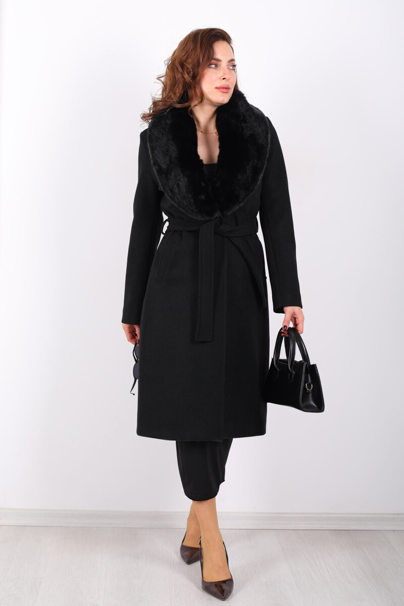 Yakası Kürklü Siyah Kadın Kuşaklı Kaşe Kaban - 7