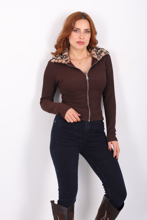 Yakası Leopar Kürklü Kahverengi Kadın Fitilli Ceket - 5