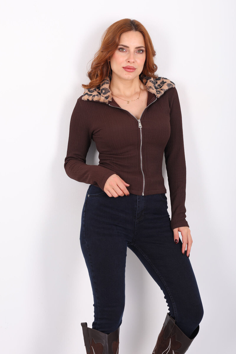 Yakası Leopar Kürklü Kahverengi Kadın Fitilli Ceket - 5