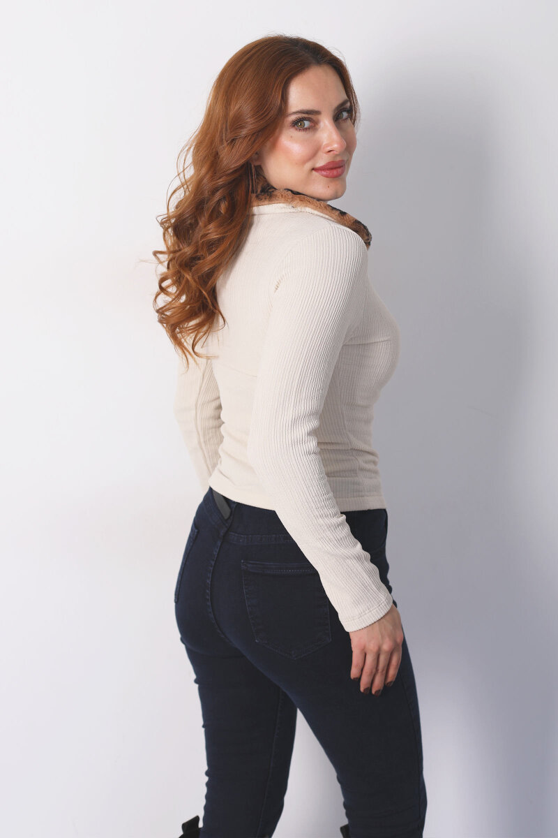 Yakası Leopar Kürklü Krem Kadın Fitilli Ceket - 5