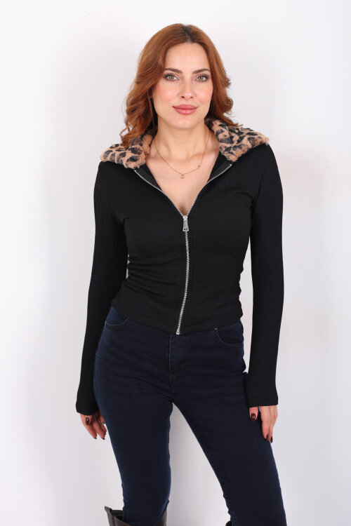 Yakası Leopar Kürklü Siyah Kadın Fitilli Ceket - 6
