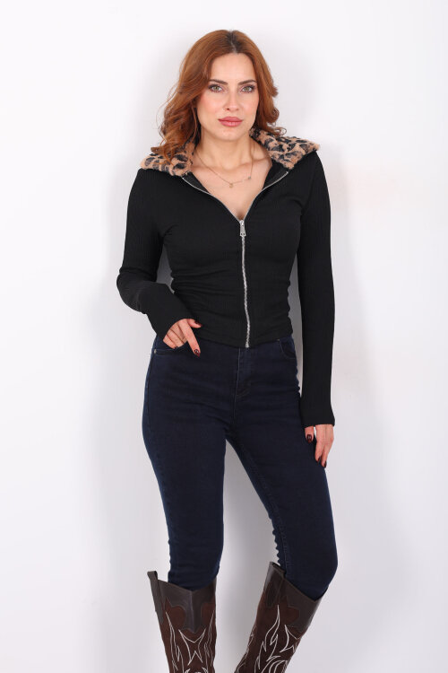 Yakası Leopar Kürklü Siyah Kadın Fitilli Ceket - 4