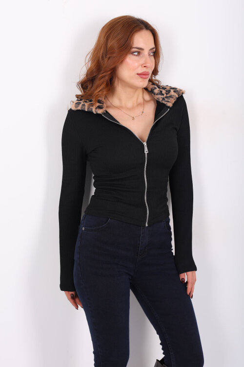 Yakası Leopar Kürklü Siyah Kadın Fitilli Ceket - 3