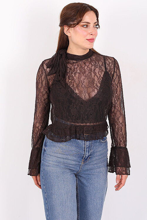 Yakası Şal Bağlamalı Fırfır Detaylı Kahverengi Kadın Dantel Bluz - 6