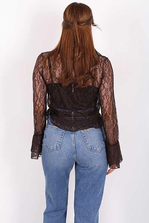 Yakası Şal Bağlamalı Fırfır Detaylı Kahverengi Kadın Dantel Bluz - 5