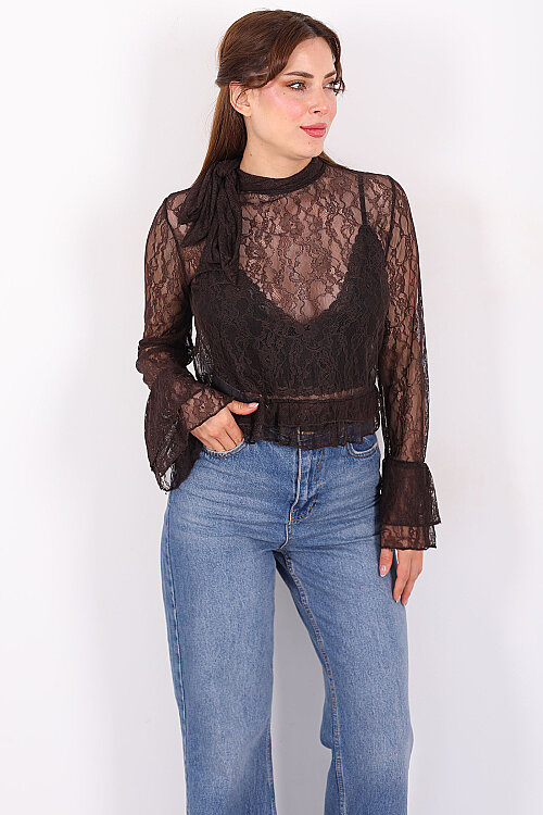 Yakası Şal Bağlamalı Fırfır Detaylı Kahverengi Kadın Dantel Bluz - 3