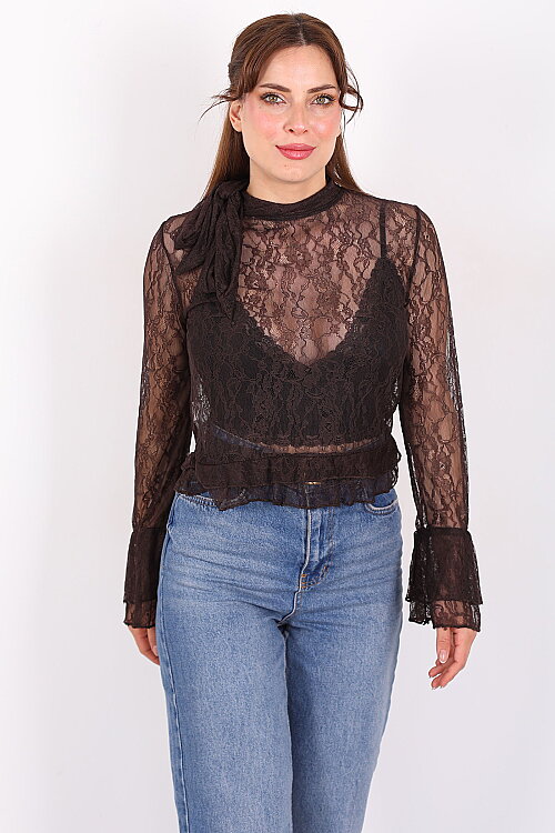 Yakası Şal Bağlamalı Fırfır Detaylı Kahverengi Kadın Dantel Bluz - 4