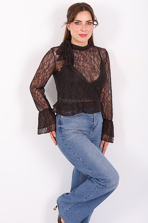Yakası Şal Bağlamalı Fırfır Detaylı Kahverengi Kadın Dantel Bluz - Berox
