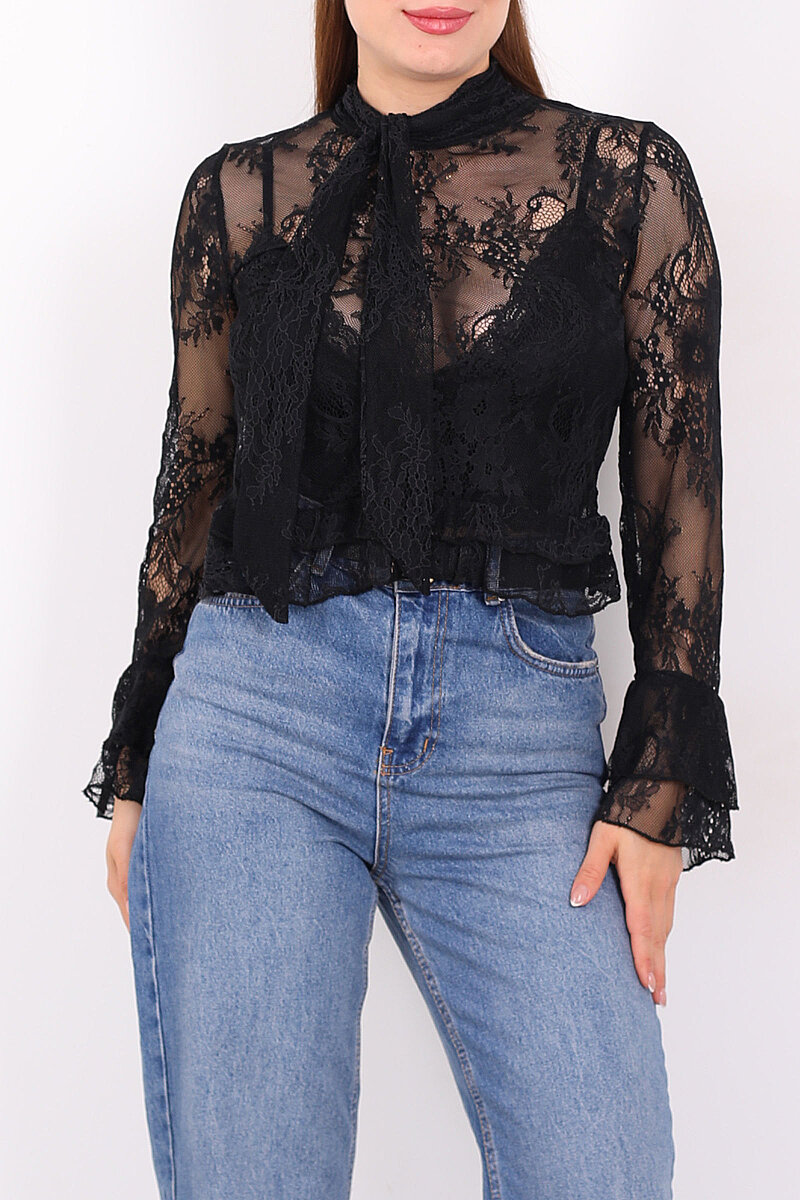 Yakası Şal Bağlamalı Fırfır Detaylı Siyah Kadın Dantel Bluz - 2