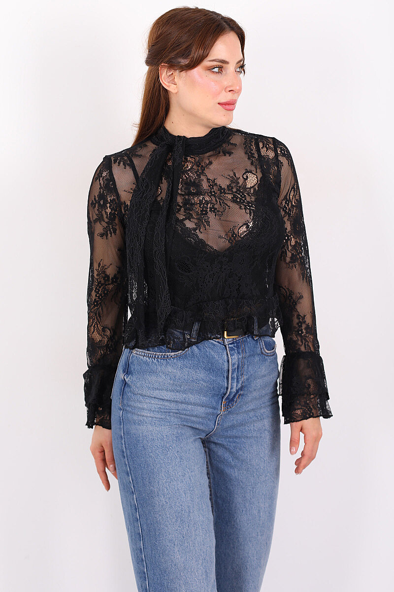 Yakası Şal Bağlamalı Fırfır Detaylı Siyah Kadın Dantel Bluz - 6