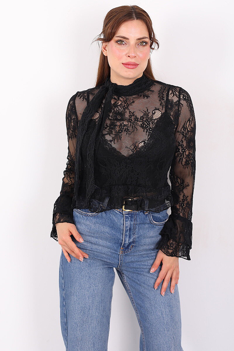Yakası Şal Bağlamalı Fırfır Detaylı Siyah Kadın Dantel Bluz - 4