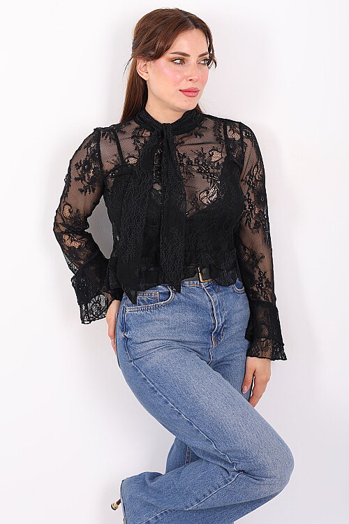 Yakası Şal Bağlamalı Fırfır Detaylı Siyah Kadın Dantel Bluz - Berox