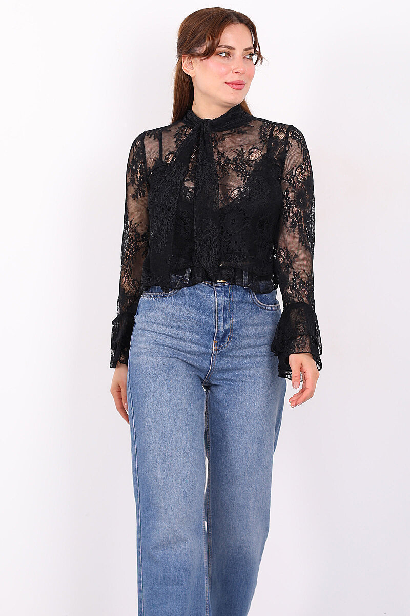 Yakası Şal Bağlamalı Fırfır Detaylı Siyah Kadın Dantel Bluz - 3