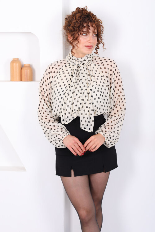 Yakası Şal Detaylı Puantiyeli Şifon Krem Kadın Bluz - 4