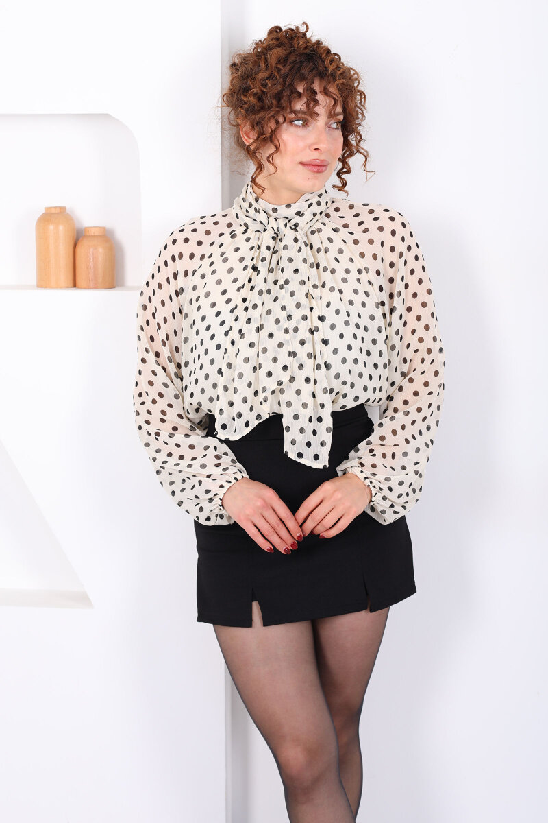 Yakası Şal Detaylı Puantiyeli Şifon Krem Kadın Bluz - 4