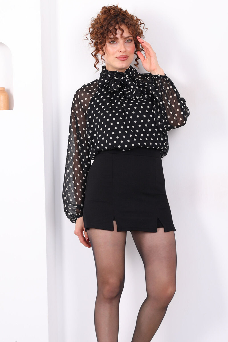 Yakası Şal Detaylı Puantiyeli Şifon Siyah Kadın Bluz - 5