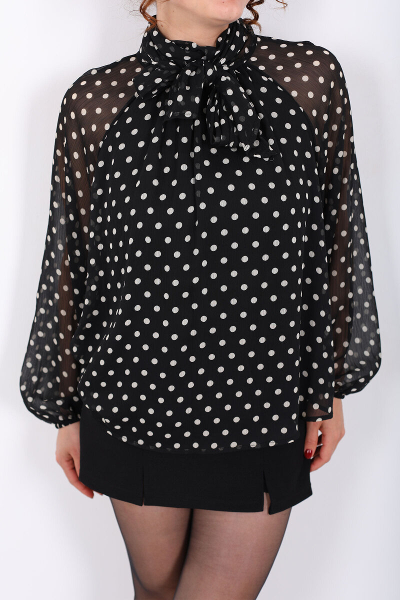 Yakası Şal Detaylı Puantiyeli Şifon Siyah Kadın Bluz - 2
