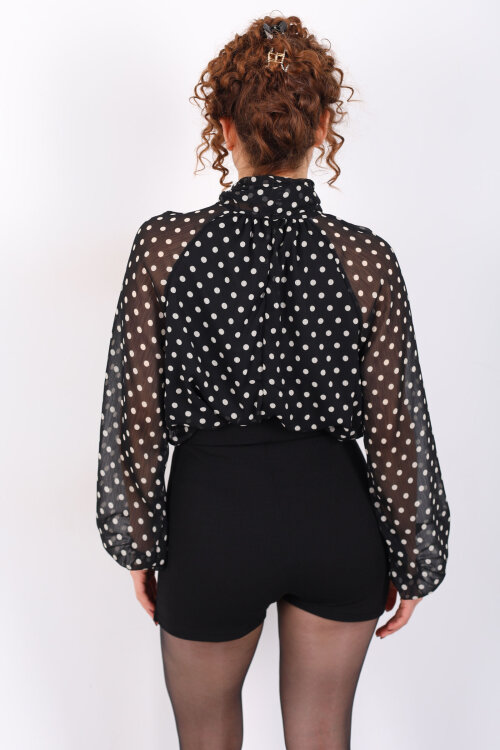 Yakası Şal Detaylı Puantiyeli Şifon Siyah Kadın Bluz - 6