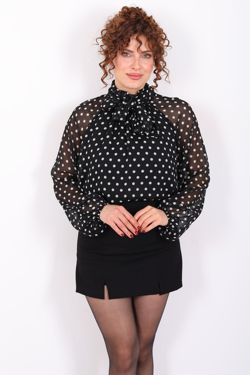 Yakası Şal Detaylı Puantiyeli Şifon Siyah Kadın Bluz - 3