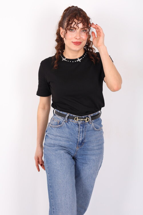 Yakası Taşlı Kısa Kol Siyah Kadın T-Shirt - Berox