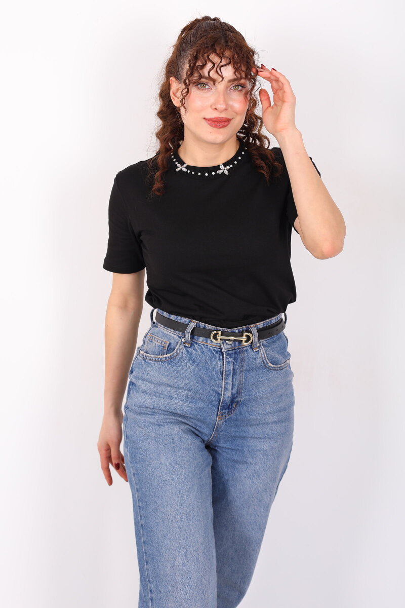 Yakası Taşlı Kısa Kol Siyah Kadın T-Shirt - 1