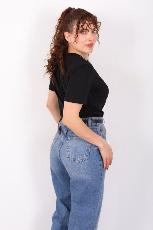 Yakası Taşlı Kısa Kol Siyah Kadın T-Shirt - 5