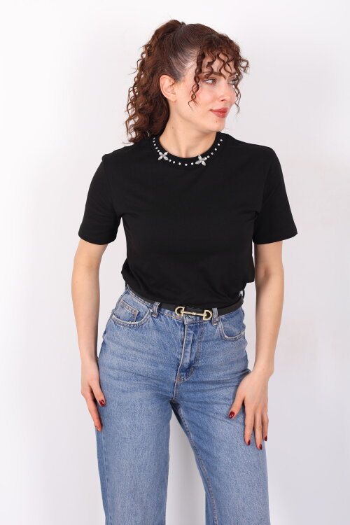 Yakası Taşlı Kısa Kol Siyah Kadın T-Shirt - 3