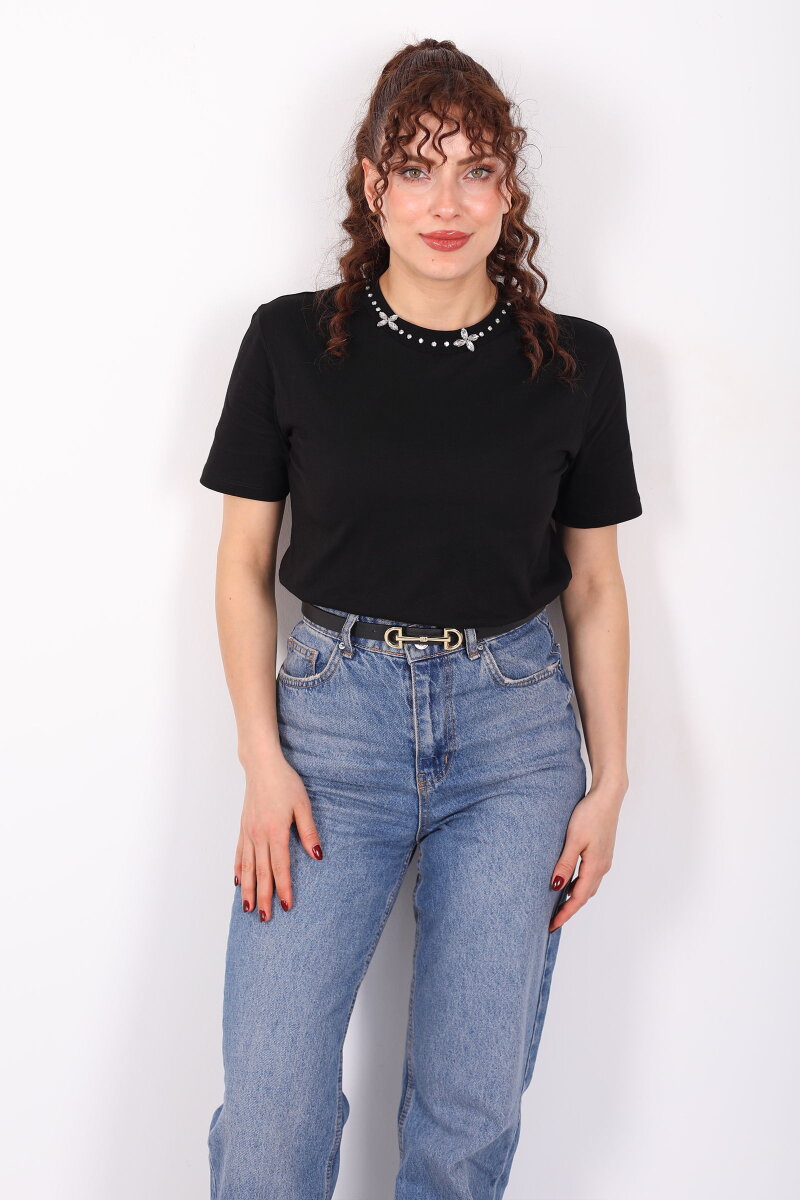 Yakası Taşlı Kısa Kol Siyah Kadın T-Shirt - 6