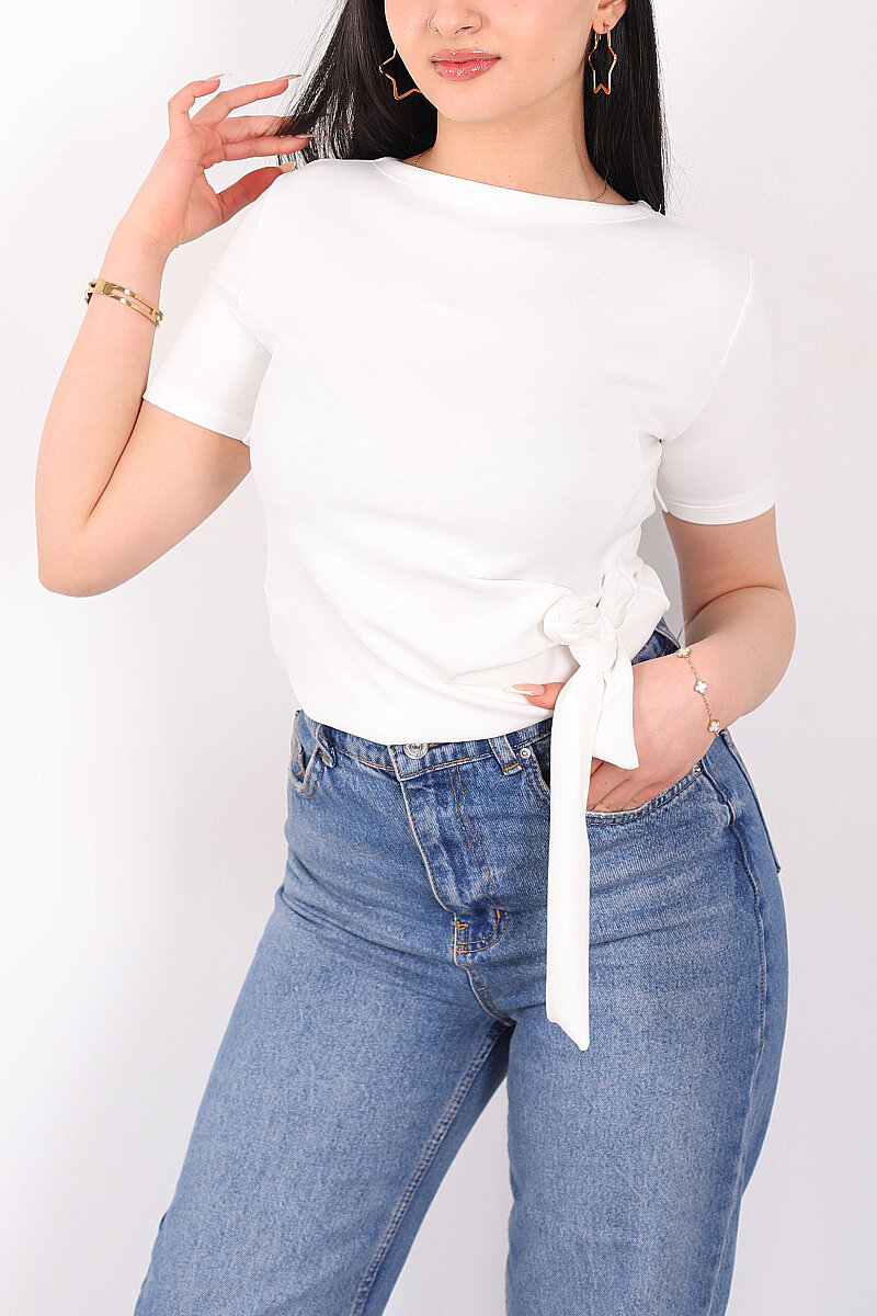Yandan Bağlamalı Bisiklet Yaka Beyaz Kadın Bluz - 2