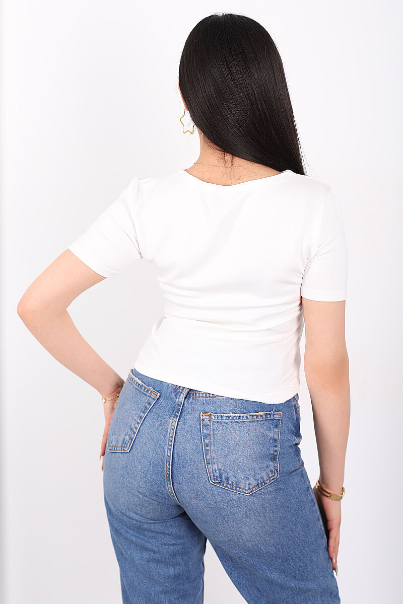 Yandan Bağlamalı Bisiklet Yaka Beyaz Kadın Bluz - 4